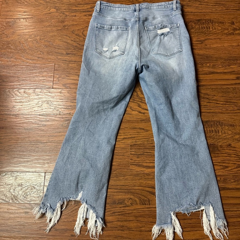 Frayed Hem Light Blue Flare Jeans - Picture 3 of 4